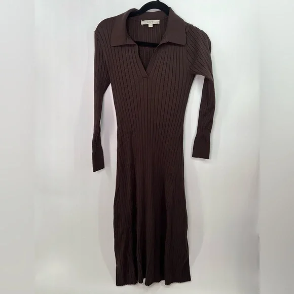 LOFT Chocolate Brown Ribbed Collared Polo Long Sleeve Knit Midi Dress M Medium - Picture 5 of 10